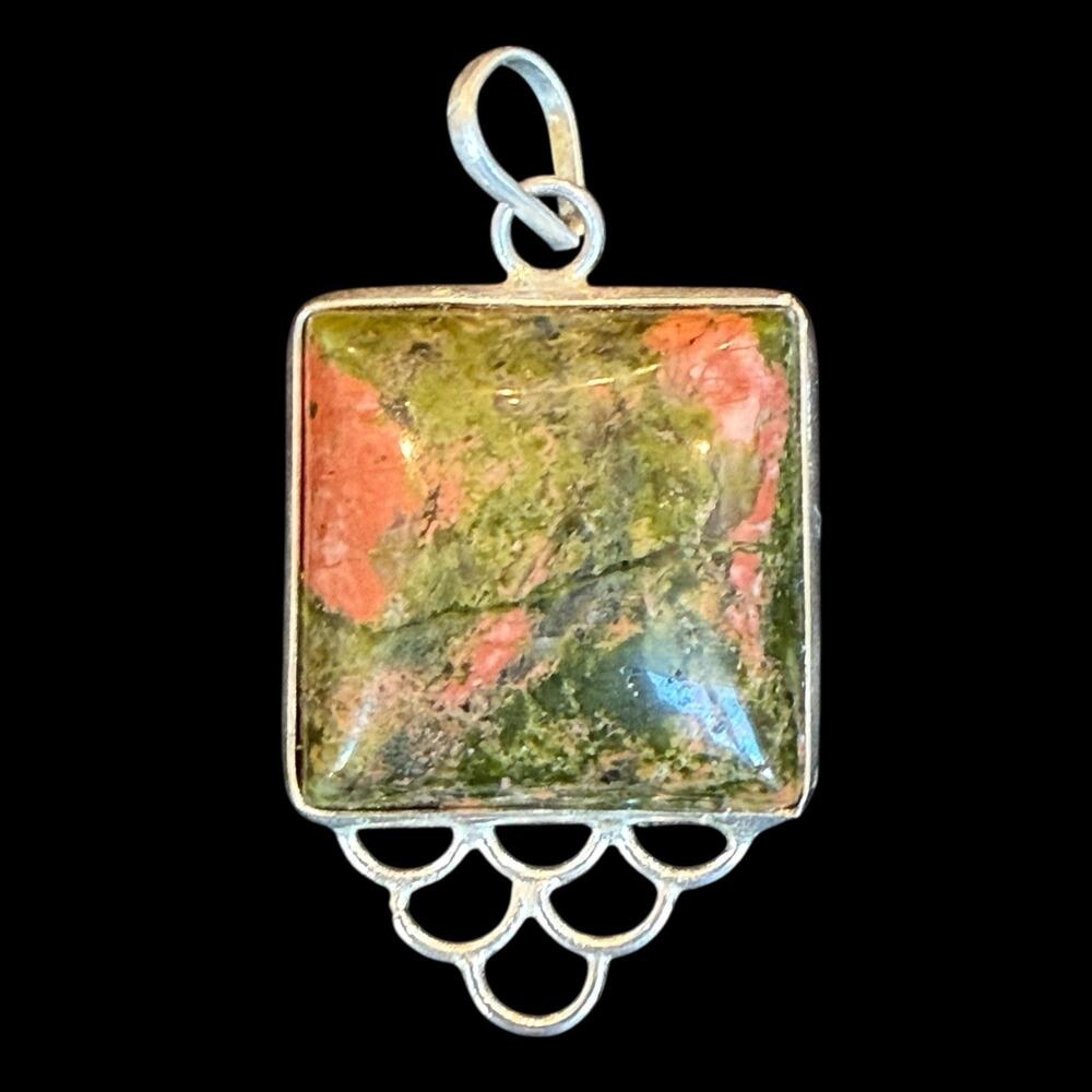 Sterling Silver 925 & Square Cut Unakite Stone Pendant 5.2 Grams Heart Chakra